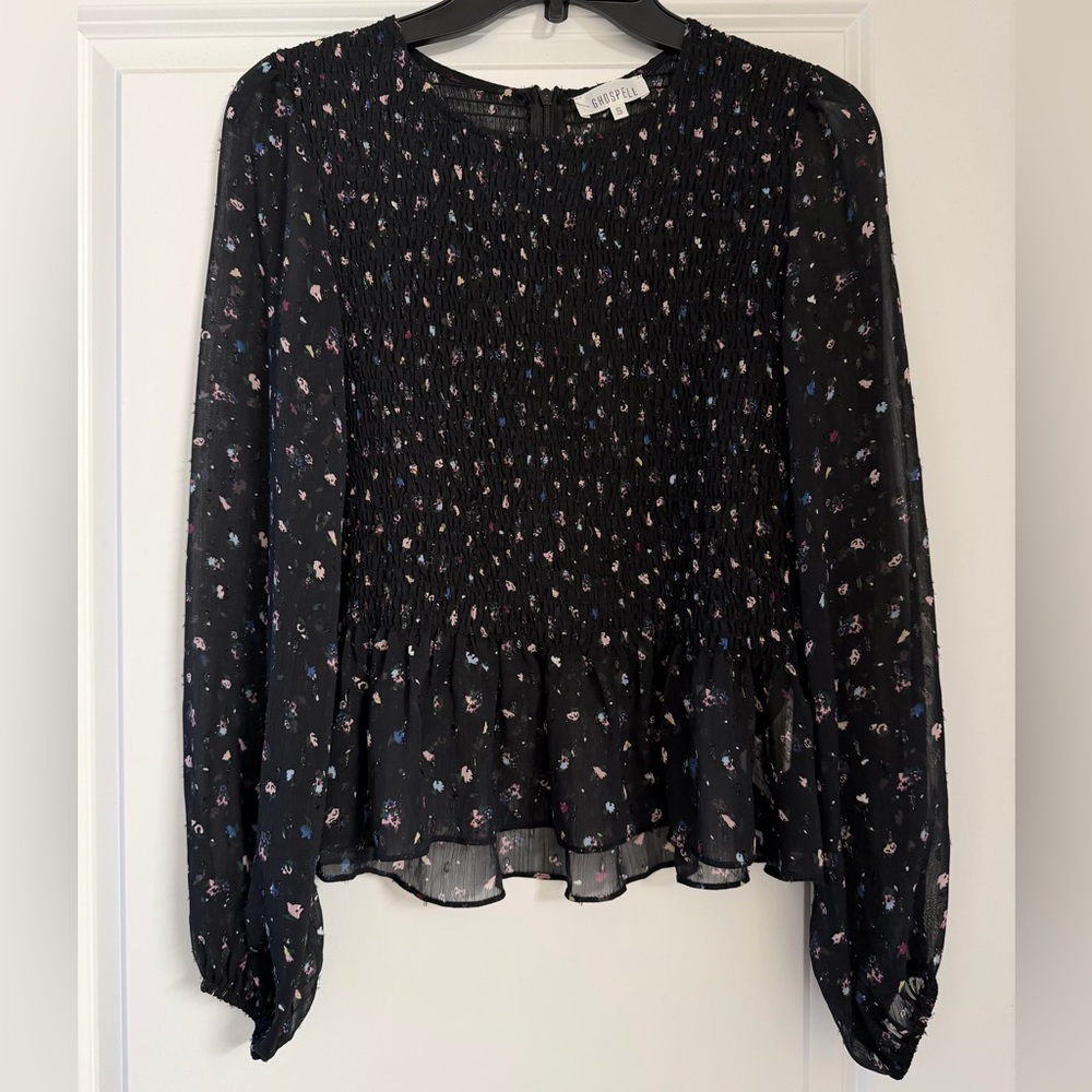 GHOSPELL Black Smocked Peplum Blouse with Multicolor Floral Print